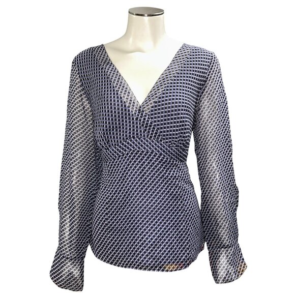 Ann Taylor Size 8 Navy Silk Blouse Geometric Print Long Sleeve Side Zip Y2K Work - Picture 2 of 13